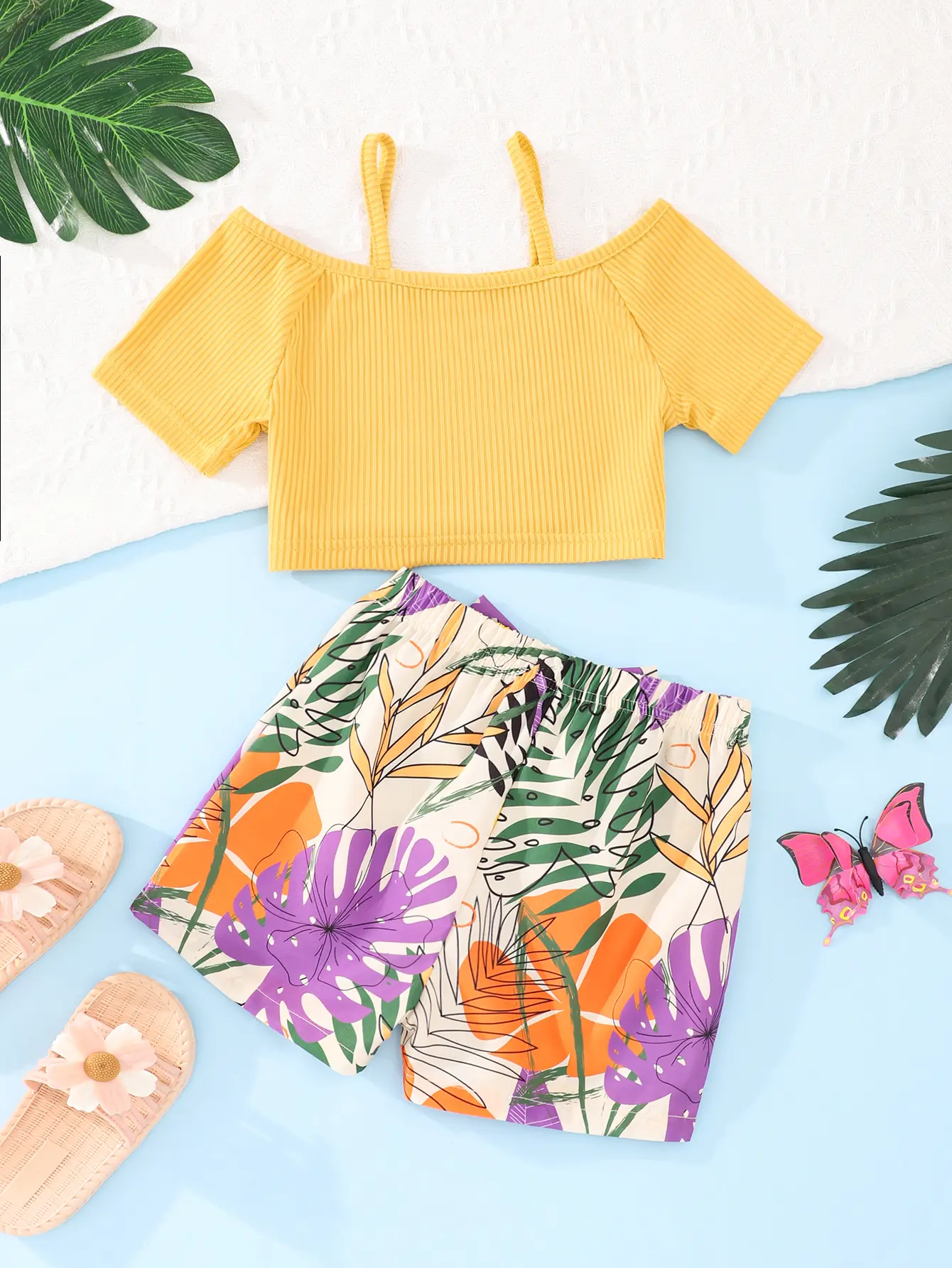 Summer Girls' Cool Halter Top And Floral Shorts Set, Summer Girls' Vacation Comfortable And Casual 2-Piece Set