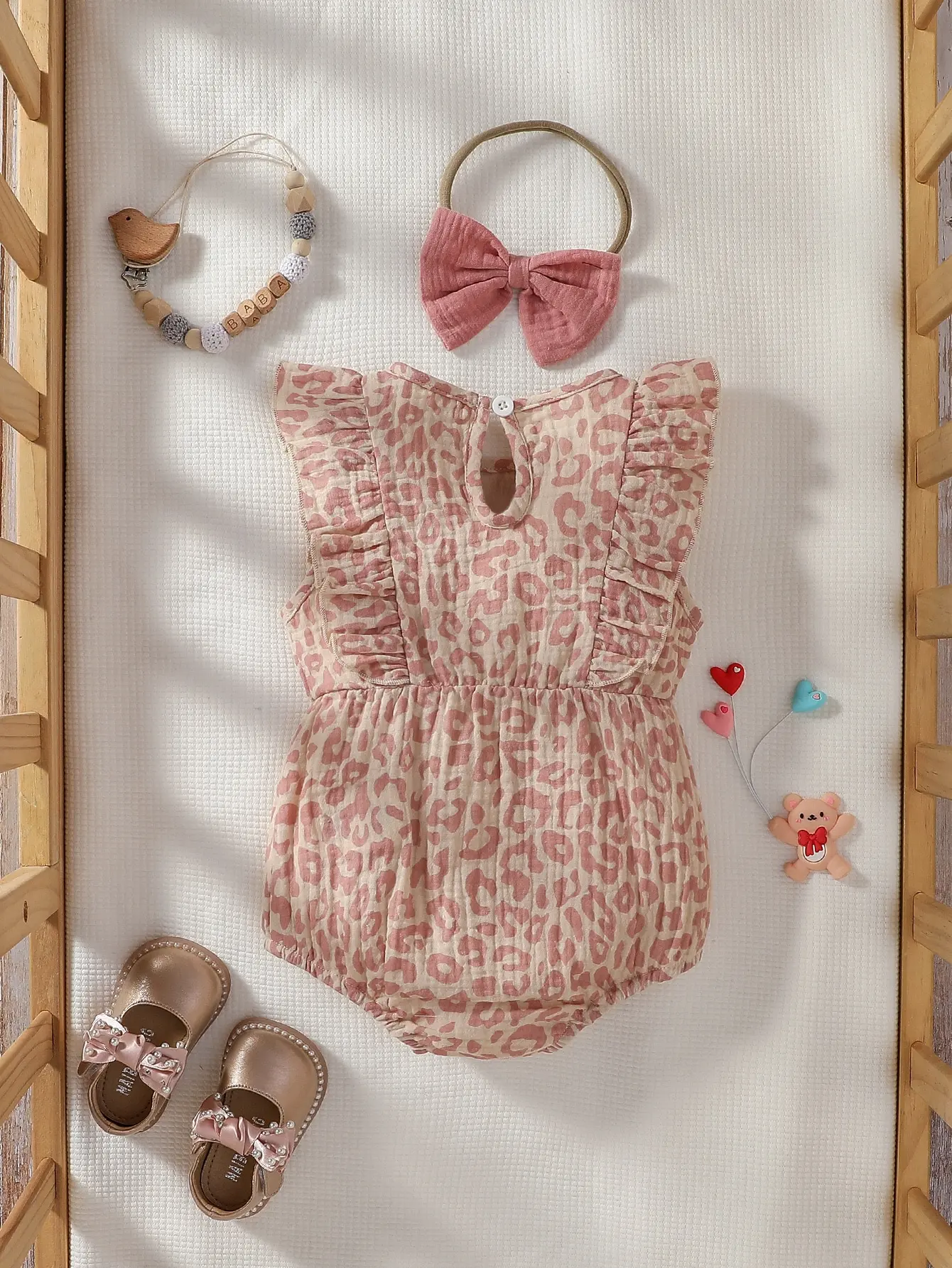 Summer Newborn Pure Cotton Sleeveless Triangular Climbing Dress For Girls Pink Bow Leopard Print Hatcoat Headband 2-Piece Set