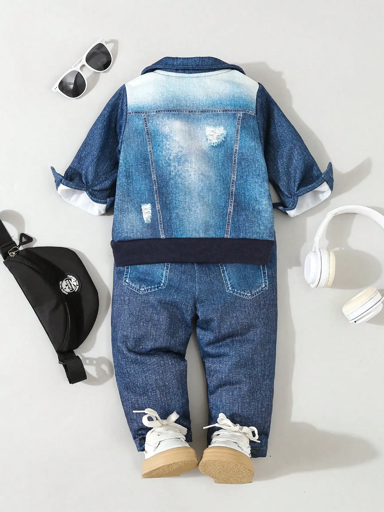 2025 New Imitation Cotton Fabric Denim Digital Printed Lapel Long-Sleeved Jacket + Long Pants Set Retro Casual 3-Piece Set