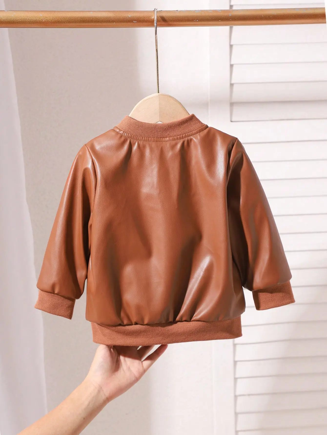 Autumn And Winter Baby Boy Street Style Leather Jacket Fashionable Coffee Brown Warm Soft And Fleece Coat