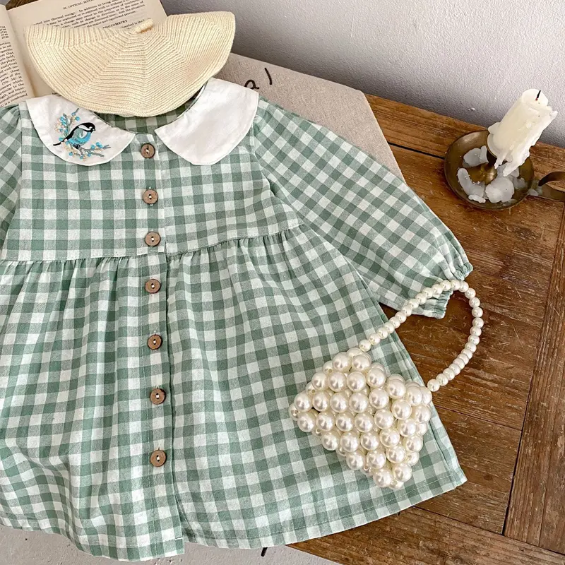 Autumn new baby clothing, 0-3 year old girls, magpie embroidered doll collar plaid long sleeved sweet dress dress