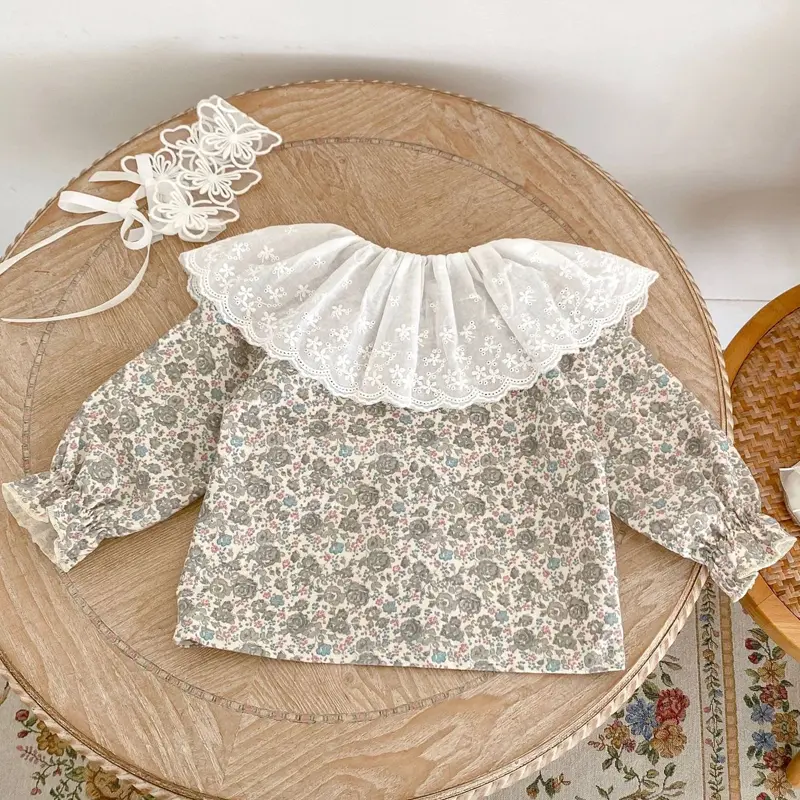 Autumn new baby clothing, 0-6 year old female baby, printed shirt with large lace lapel and floral versatile top