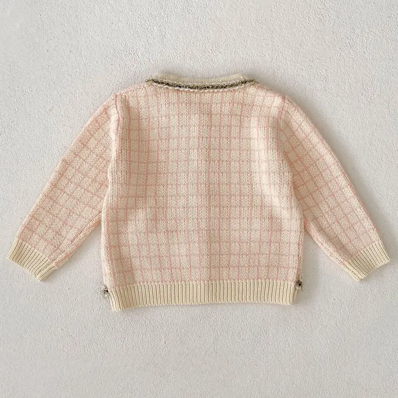Autumn baby clothing, 0-3 year old female baby, plaid sweater, small fragrant style knitted long sleeved jacket