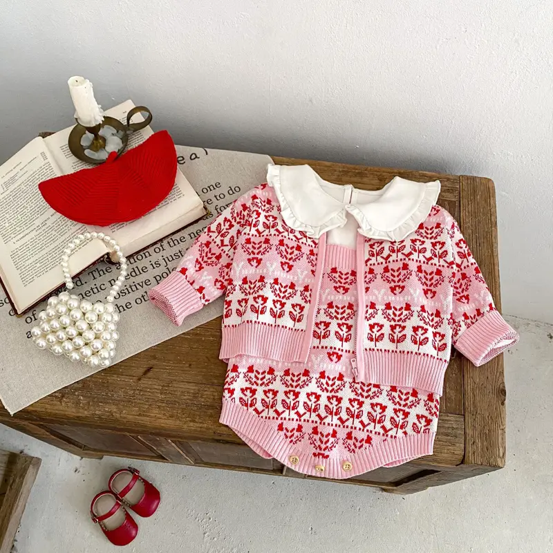 New autumn baby clothing, flower jacquard knitted sweater jacket for 0-3 year old female babies