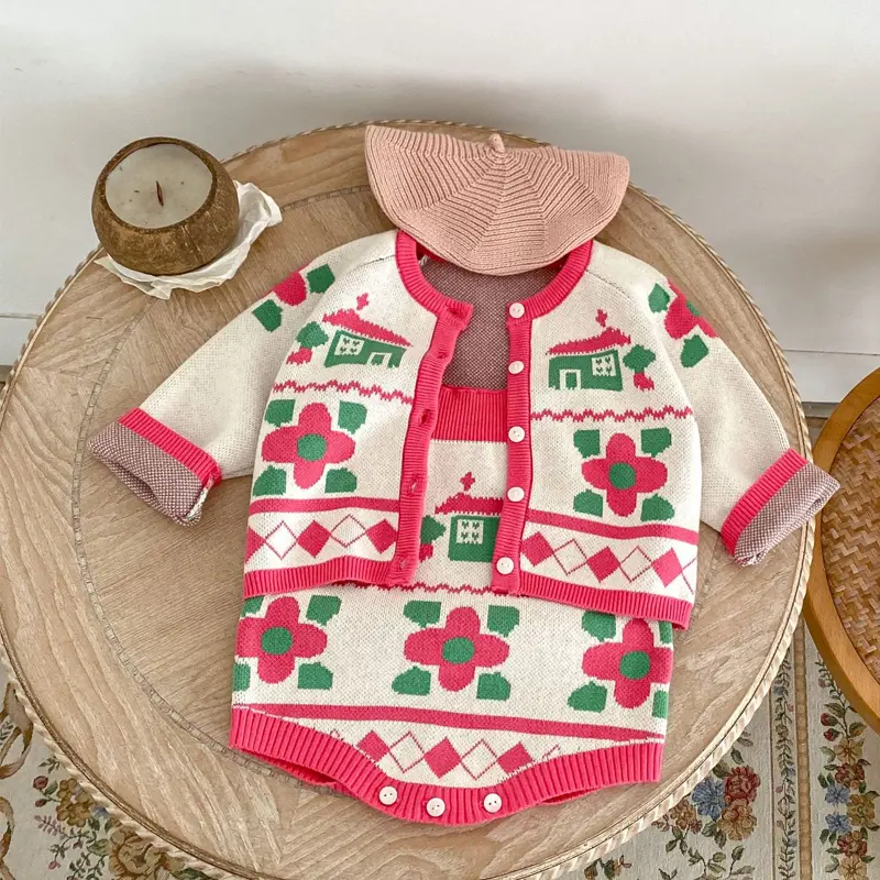 Spring and Autumn New Baby Clothing, 0-3 Year Old Female Baby, House Flower Jacquard Knitted Sweater jumpsuit, Crawler Clothing