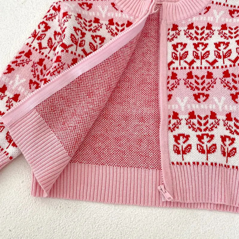 New autumn baby clothing, flower jacquard knitted sweater jacket for 0-3 year old female babies