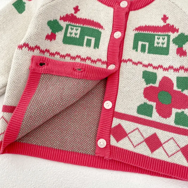 Spring and Autumn New Baby Clothing, 0-3 Year Old Female Baby, House Flower Jacquard Knitted Sweater