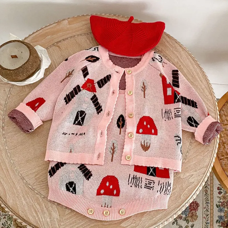 New autumn baby clothing, 0-3 year old female baby, windmill jacquard knitted sweater jumpsuit, crawling suit