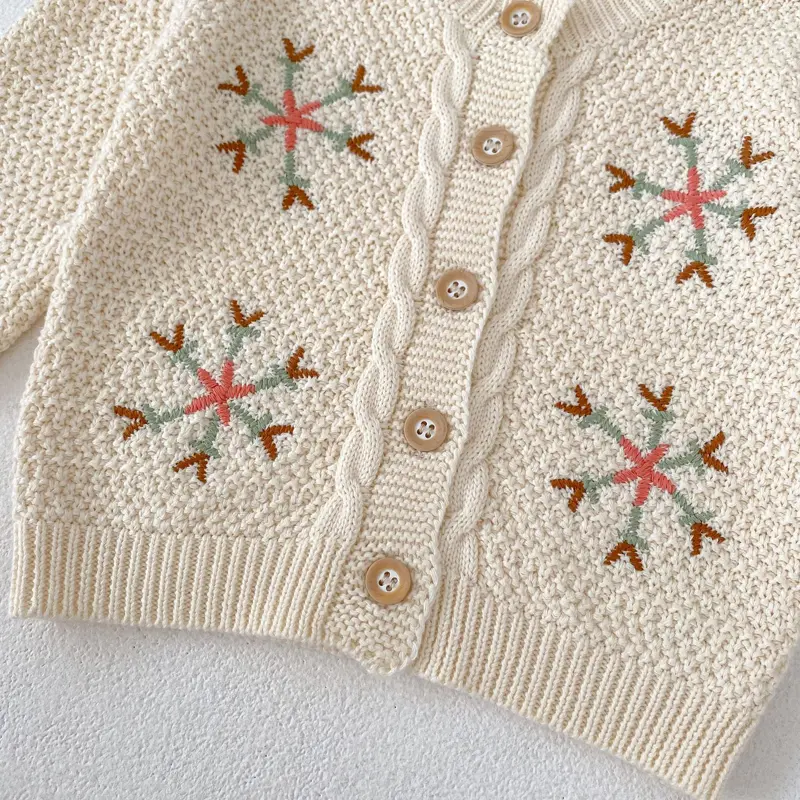 Autumn new baby clothing, 0-3 year old female baby colorful snowflake embroidered knitted sweater long sleeved jacket