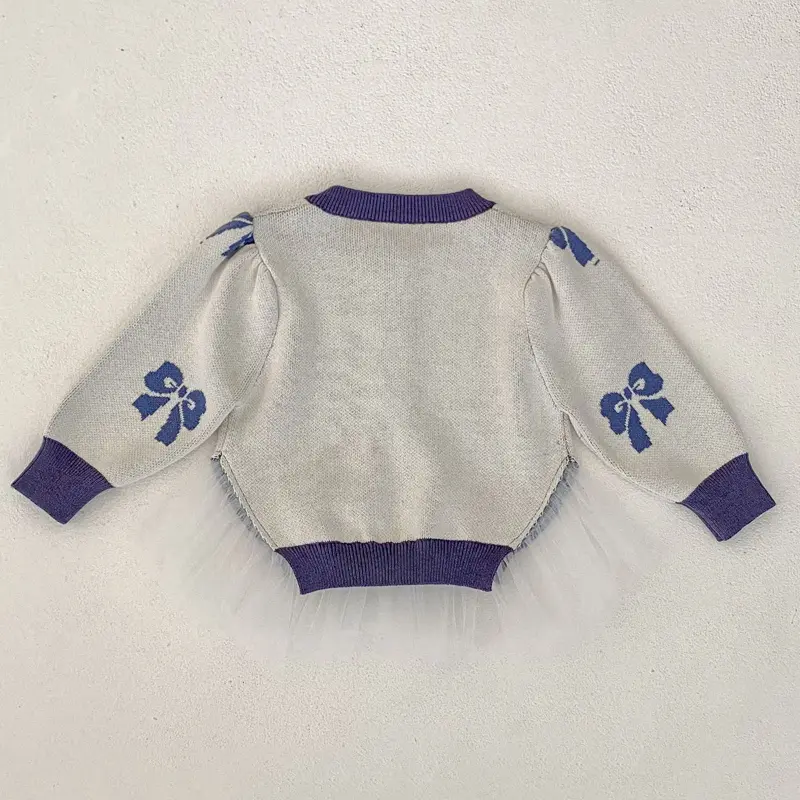 New autumn baby clothing, 0-3 year old female baby, butterfly knot mesh jacquard knitted sweater jacket