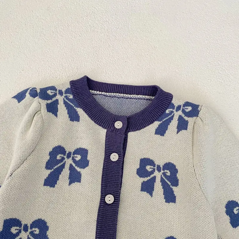 New autumn baby clothing, 0-3 year old female baby, butterfly knot mesh jacquard knitted sweater jacket