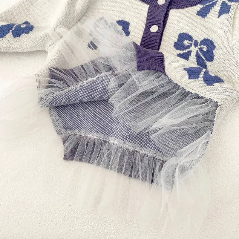 New autumn baby clothing, 0-3 year old female baby, butterfly knot mesh jacquard knitted sweater jacket