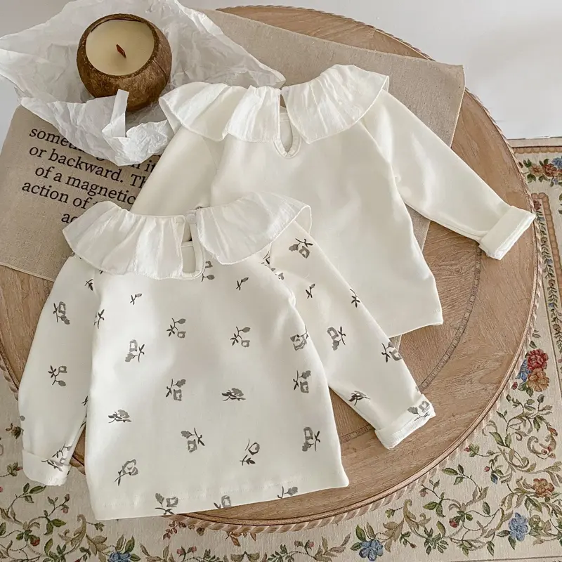New autumn baby clothing, 0-2 year old girls, lotus collar flower solid color top, T-shirt