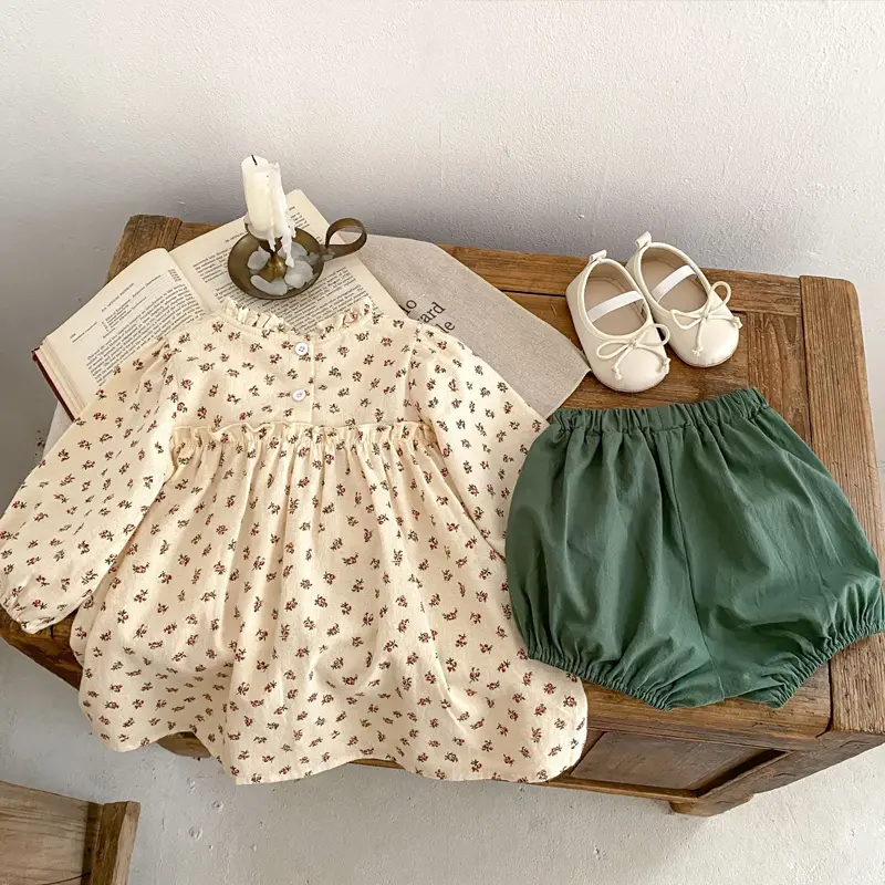 New autumn baby clothing, set of 2 pieces for girls aged 0-3, including apricot floral skirt and dark green leggings