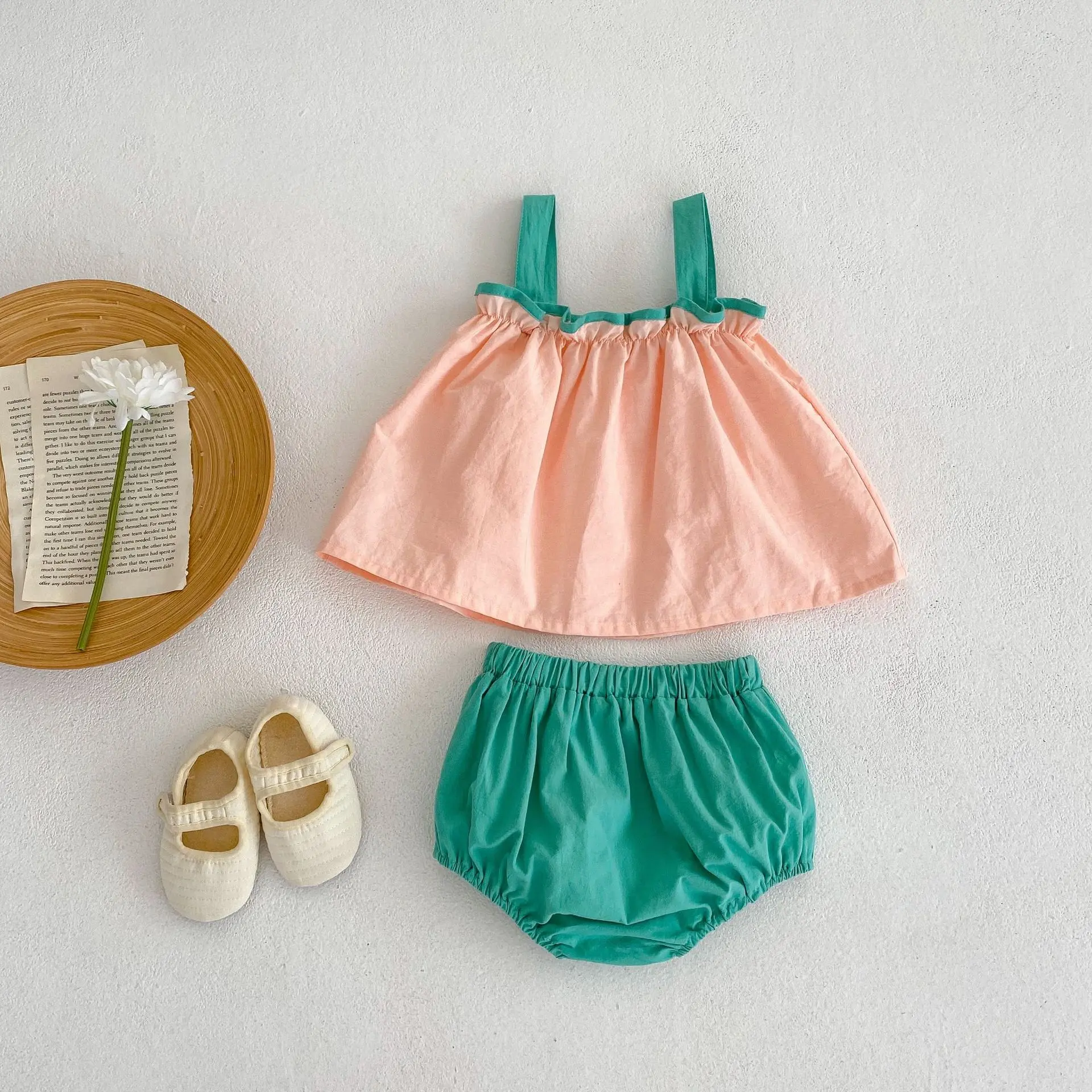 Summer New 0-3-year-old Girl Fashion Versatile Strap Set for Infants and Young Children Sleeveless Contrast Color Strap Top+Soli