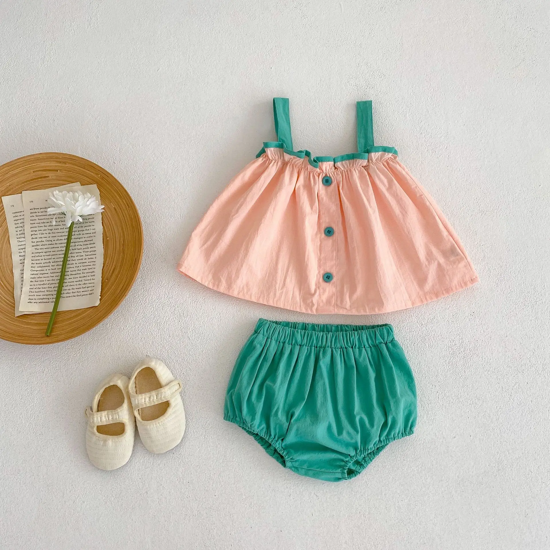 Summer New 0-3-year-old Girl Fashion Versatile Strap Set for Infants and Young Children Sleeveless Contrast Color Strap Top+Soli