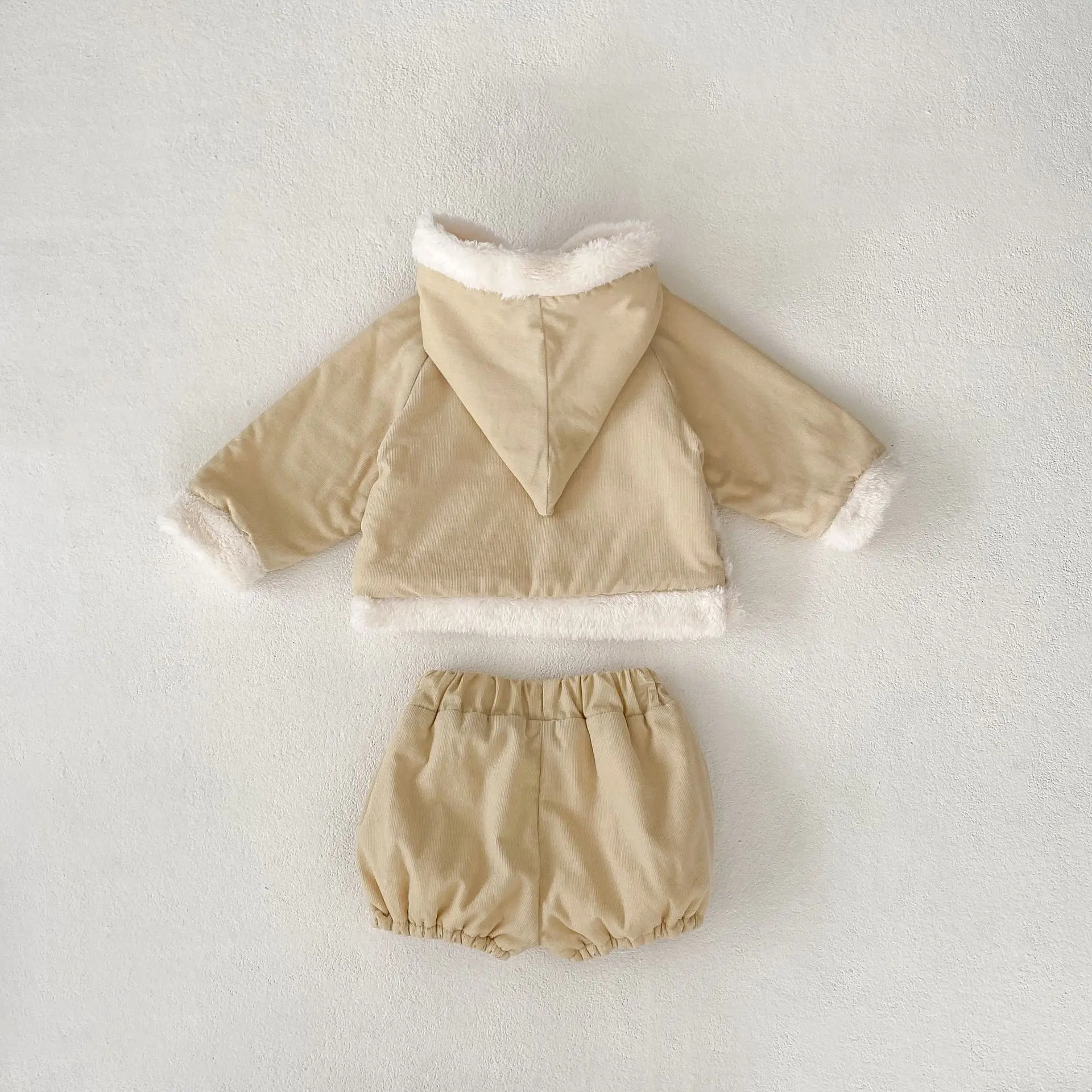 Instagram Winter Infant Fashion Versatile Men's and Women's Baby Corduroy Hooded Top+Solid Color Butt pants 2-piece Set