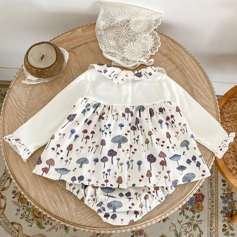 Autumn new baby clothing, 0-3 year old female baby mushroom print lotus leaf collar long sleeved top+bread pants 2-piece set