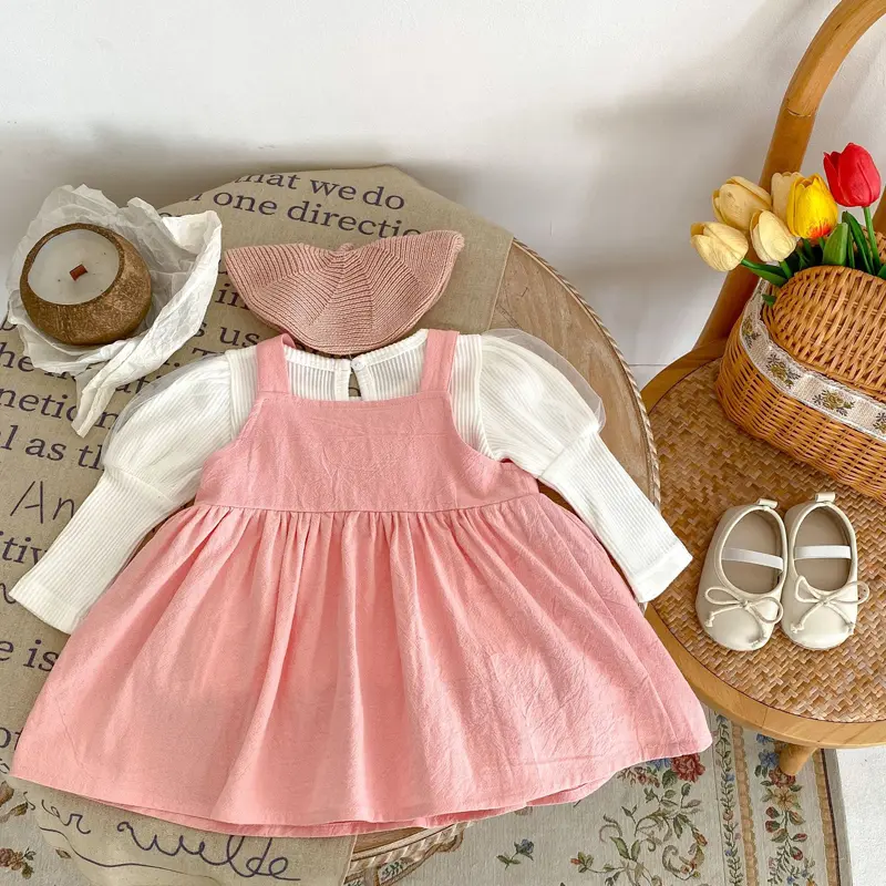 New autumn baby clothing, 2-piece set for 0-3 year old girls with bubble mesh sleeve top and pink bow strap skirt