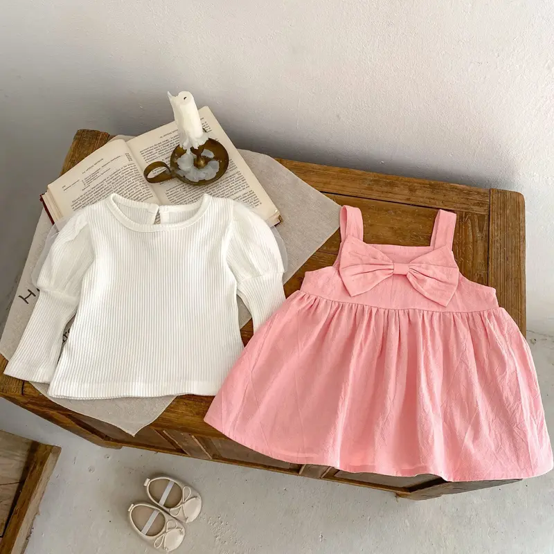 New autumn baby clothing, 2-piece set for 0-3 year old girls with bubble mesh sleeve top and pink bow strap skirt