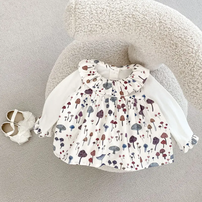 Autumn new baby clothing, 0-3 year old female baby mushroom print lotus leaf collar long sleeved top+bread pants 2-piece set
