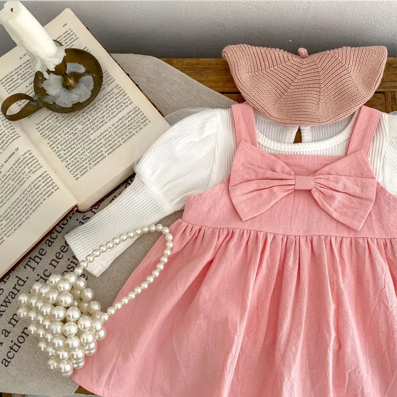 New autumn baby clothing, 2-piece set for 0-3 year old girls with bubble mesh sleeve top and pink bow strap skirt