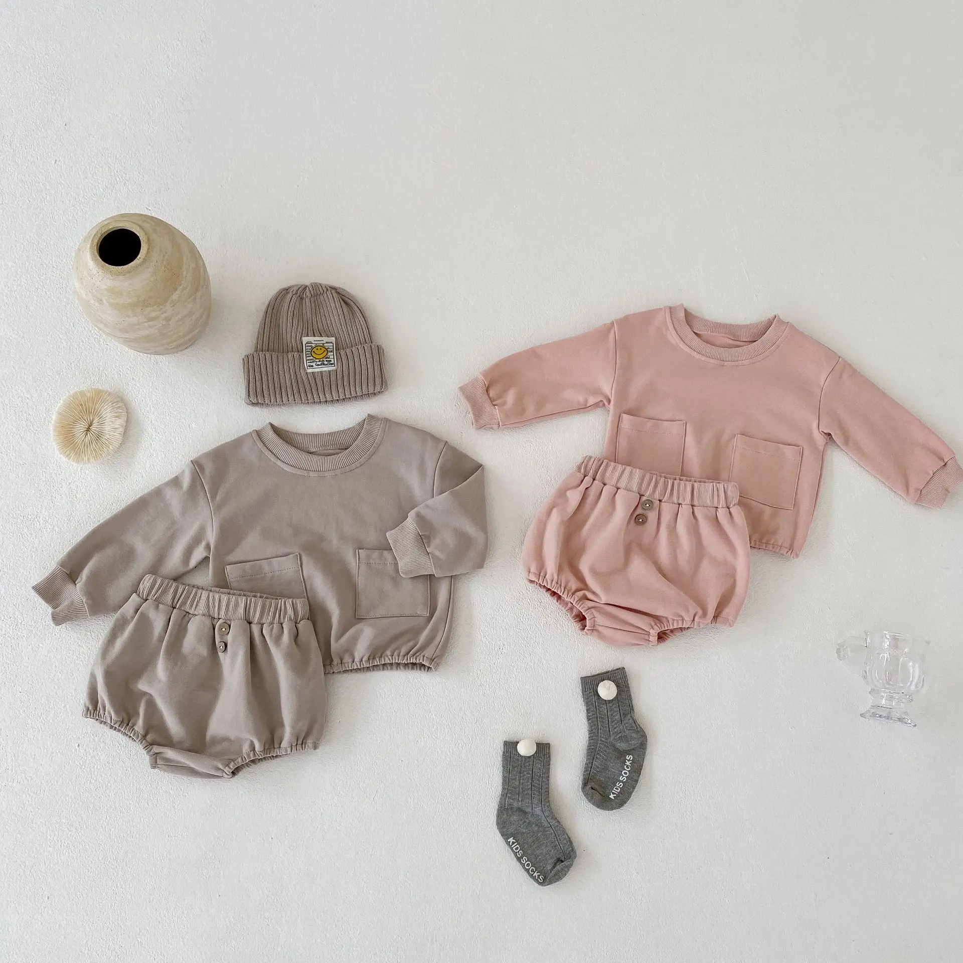 Autumn New Infant Fashion Versatile Set for Men and Women Baby Set with Large Pocket Round Neck Long sleeved Sweater and Triangl