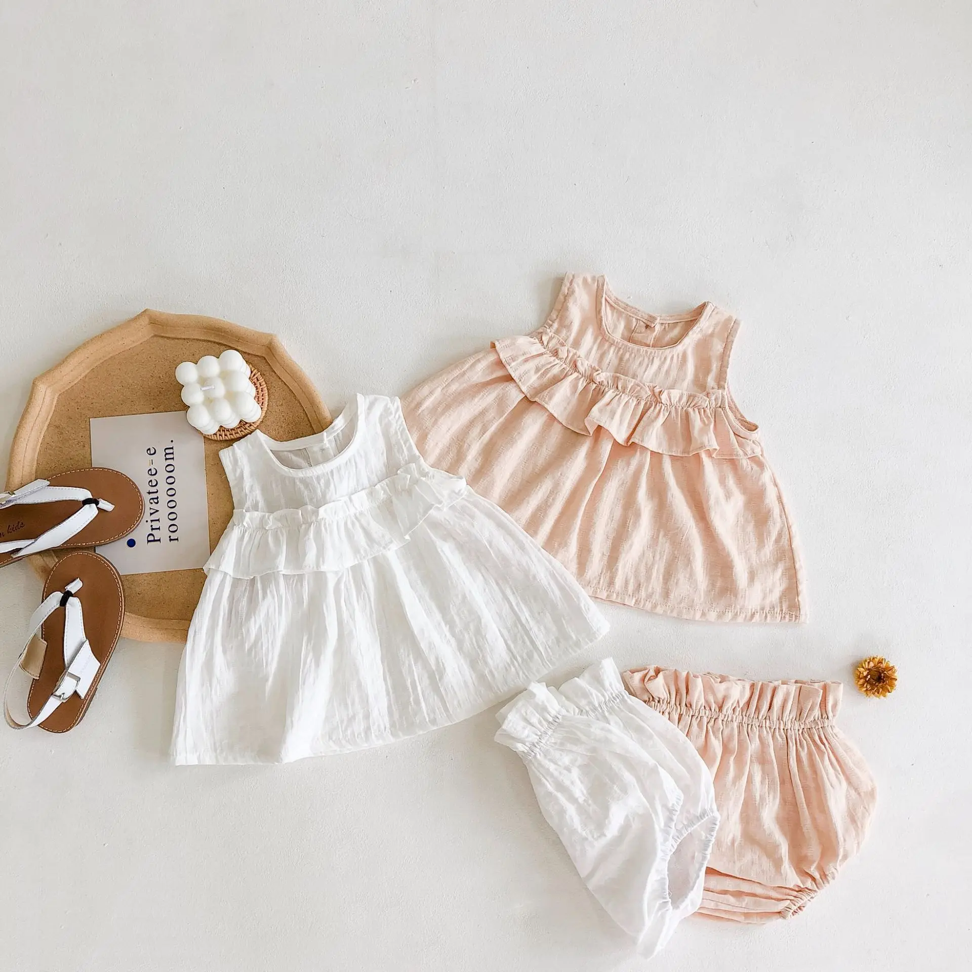 Summer New Women's Fashion Versatile Sleeveless Set Baby Cotton Sleeveless Wooden Ear Edge Top+Lantern Bread Pants Women's Two P