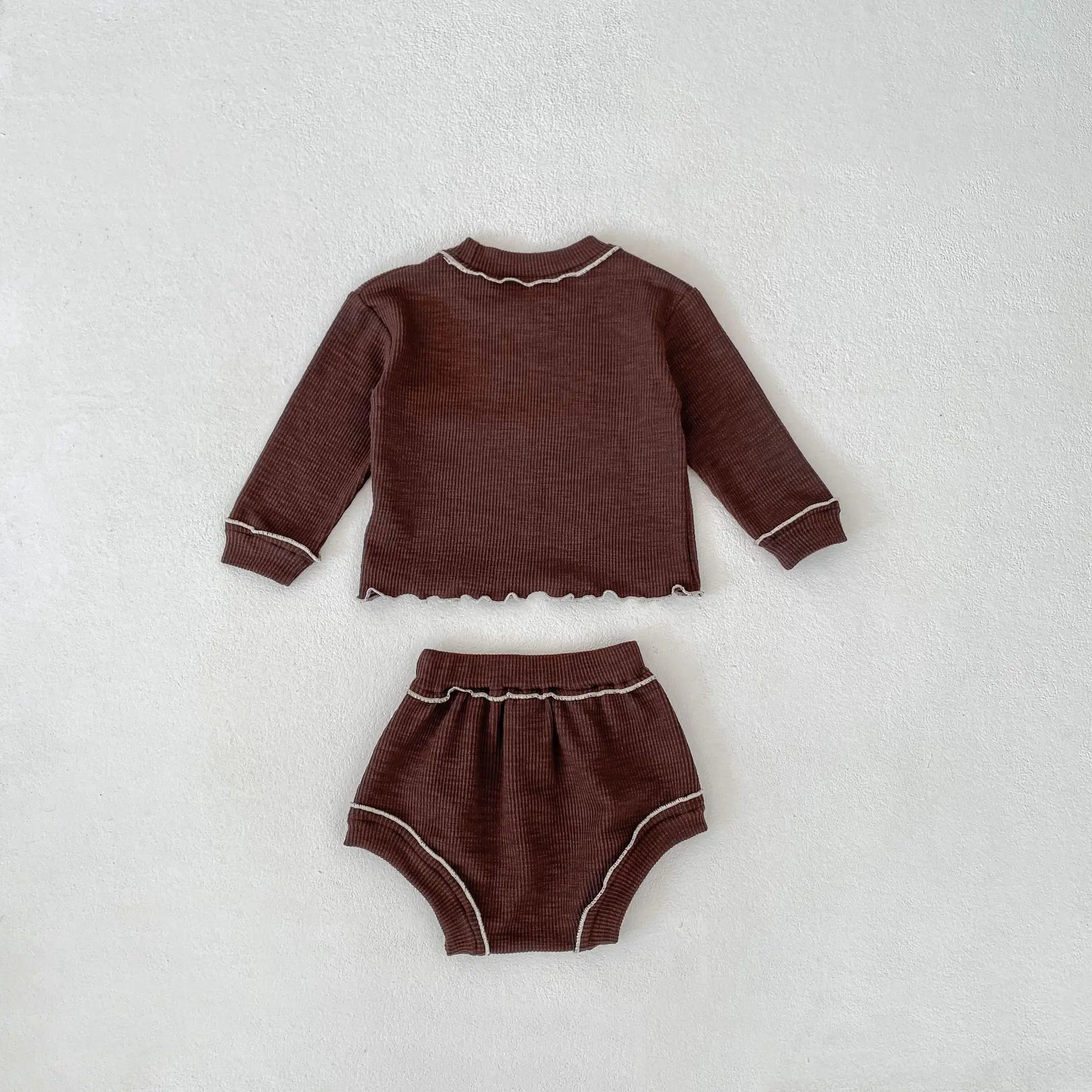 Instagram Spring and Autumn New Fashion Versatile Season Baby Boys and Girls Colored Wooden Ear Lock Top+Triangle Pants 2-piece