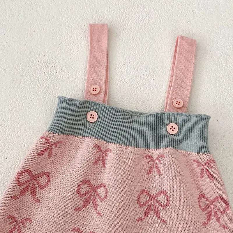 Autumn new baby clothing, 0-3 year old female baby shell collar bow tie knit long sleeved sweater jumpsuit