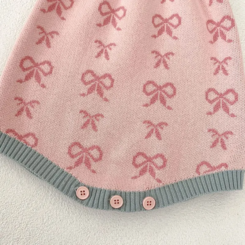 Autumn new baby clothing, 0-3 year old female baby shell collar bow tie knit long sleeved sweater jumpsuit