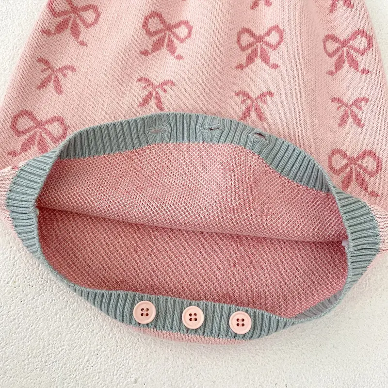 Autumn new baby clothing, 0-3 year old female baby shell collar bow tie knit long sleeved sweater jumpsuit