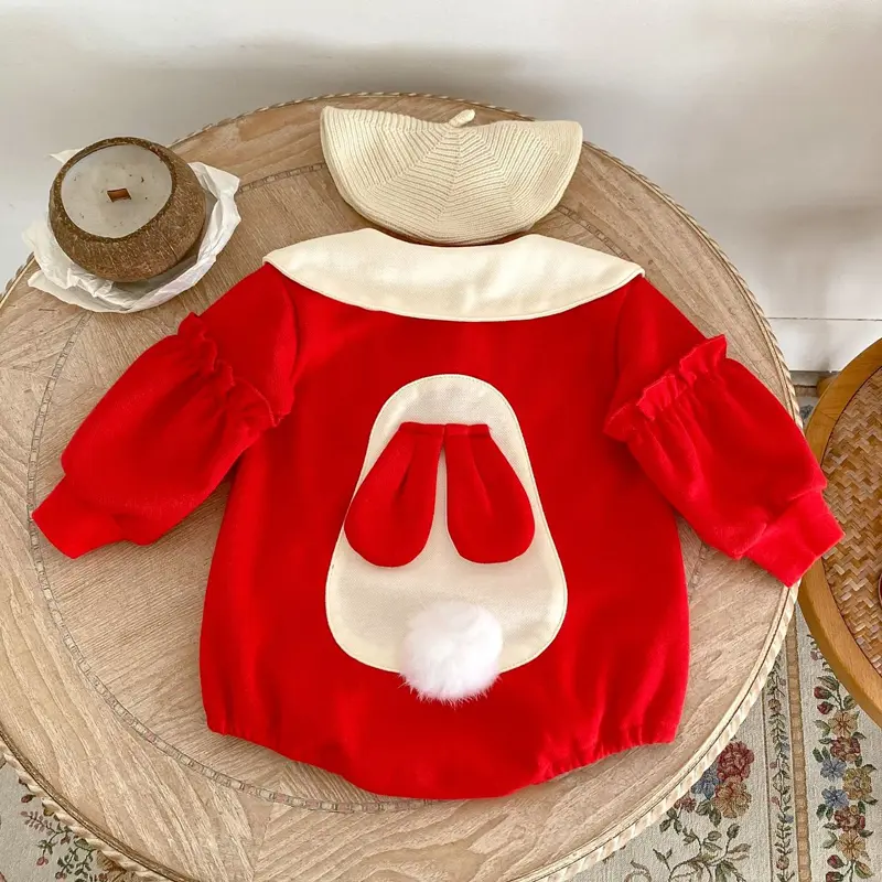 Autumn new baby clothing, 0-3 year old female baby, lapel back bunny cute personality triangle climbing suit