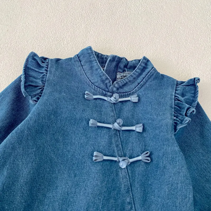 New autumn baby clothing, 0-3 year old female baby, denim cheongsam jumpsuit, crawling suit