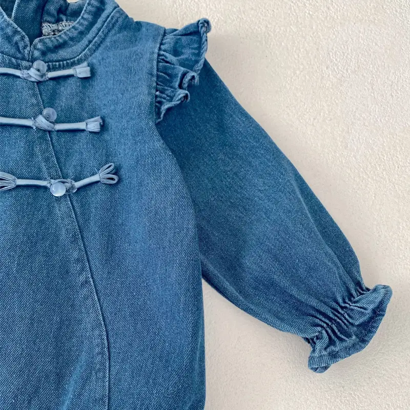 New autumn baby clothing, 0-3 year old female baby, denim cheongsam jumpsuit, crawling suit