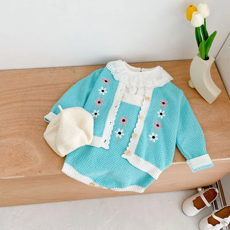 Autumn New Baby Clothing, 0-3 Girl Baby Embroidered Knitted Backband Sweatshirt Jumpsuit