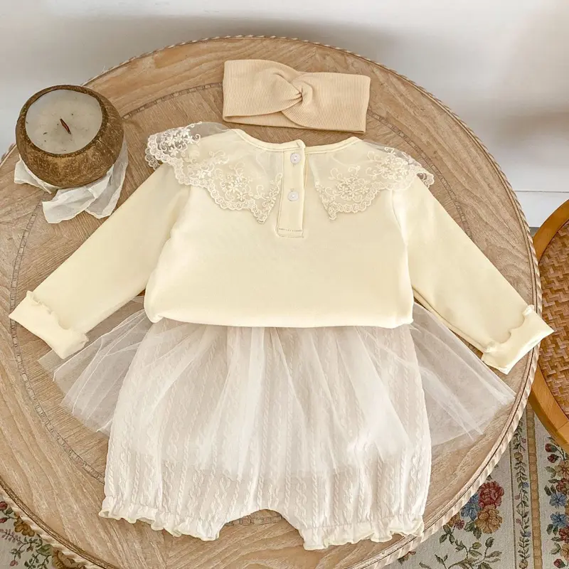 Autumn baby clothing, 0-5 year old female baby, solid color fungus edge big lace collar top+mesh shorts 2-piece set