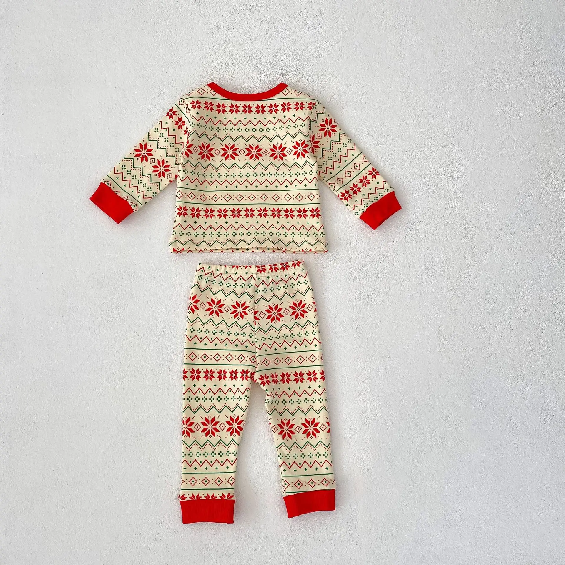 Autumn outfit new baby, children, boys and girls classic Christmas red green snowflake printed home clothing 2-piece set