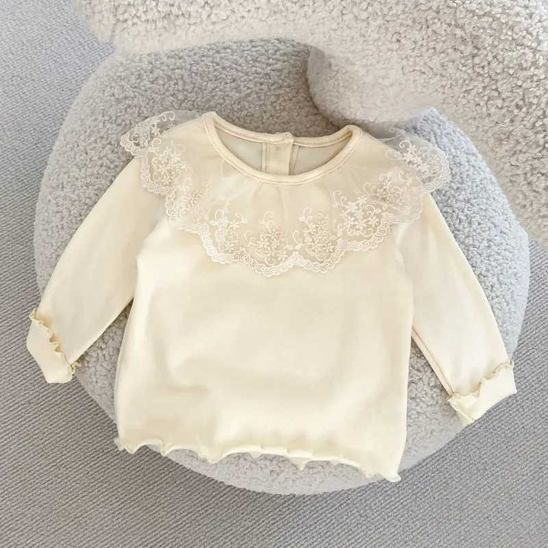 Autumn baby clothing, 0-5 year old female baby, solid color fungus edge big lace collar top+mesh shorts 2-piece set