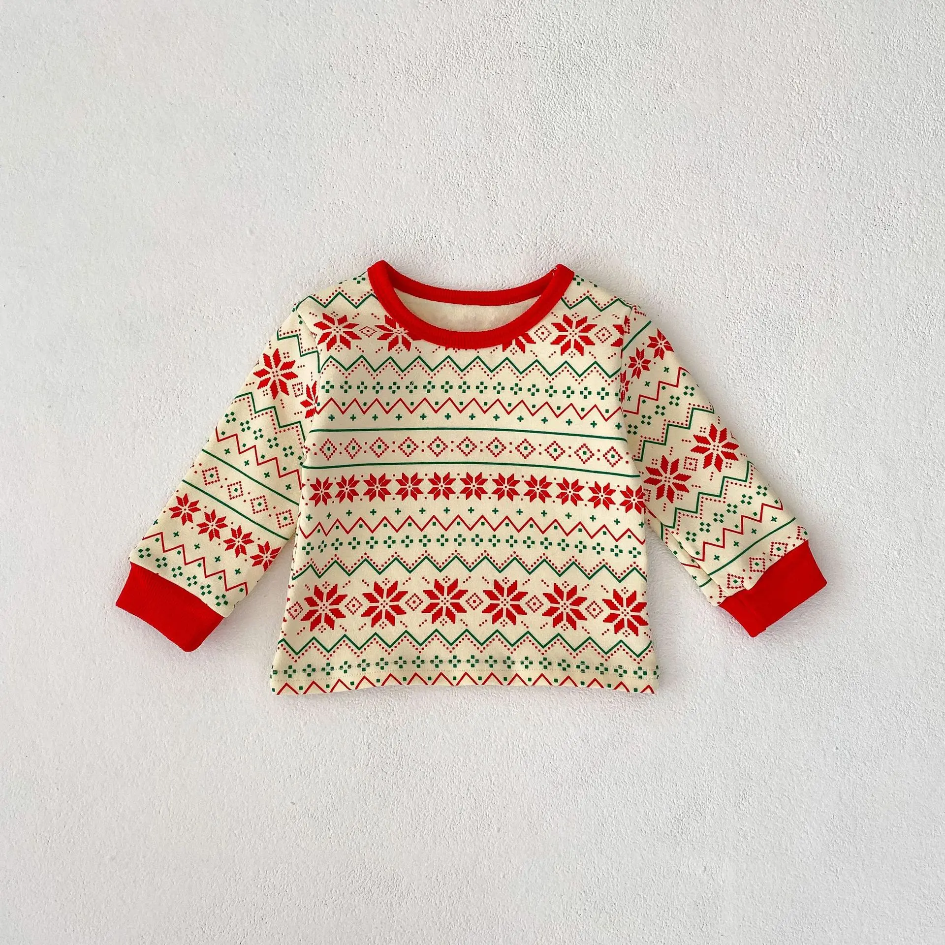 Autumn outfit new baby, children, boys and girls classic Christmas red green snowflake printed home clothing 2-piece set