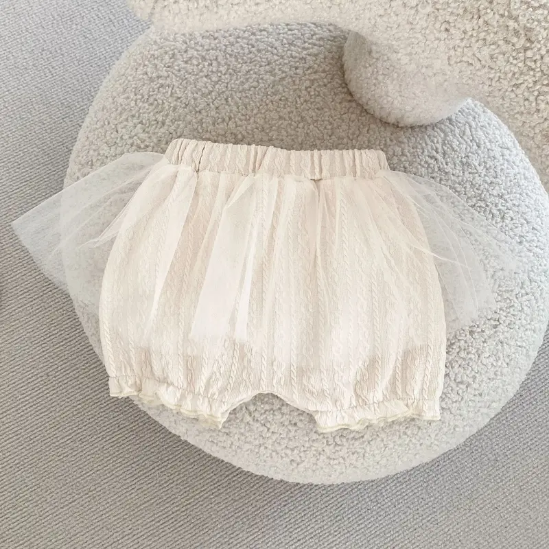 Autumn baby clothing, 0-5 year old female baby, solid color fungus edge big lace collar top+mesh shorts 2-piece set