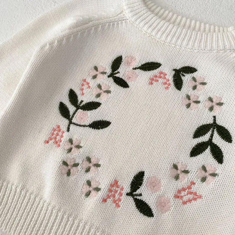 Spring and Autumn New Baby Clothing, 0-3 Year Old Female Baby, Round Neck Knitted Sweater with Flower Embroidery Sweater