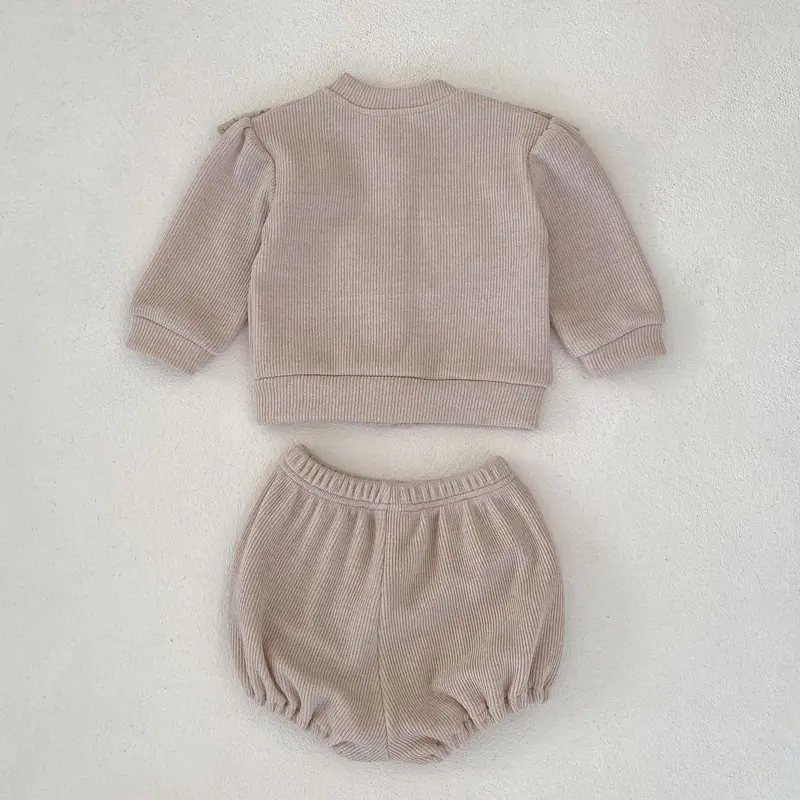 Autumn new baby clothing, 0-3 year old women's Baobao Waffle plaid long sleeved solid color+bottomless pants set of 2 pieces