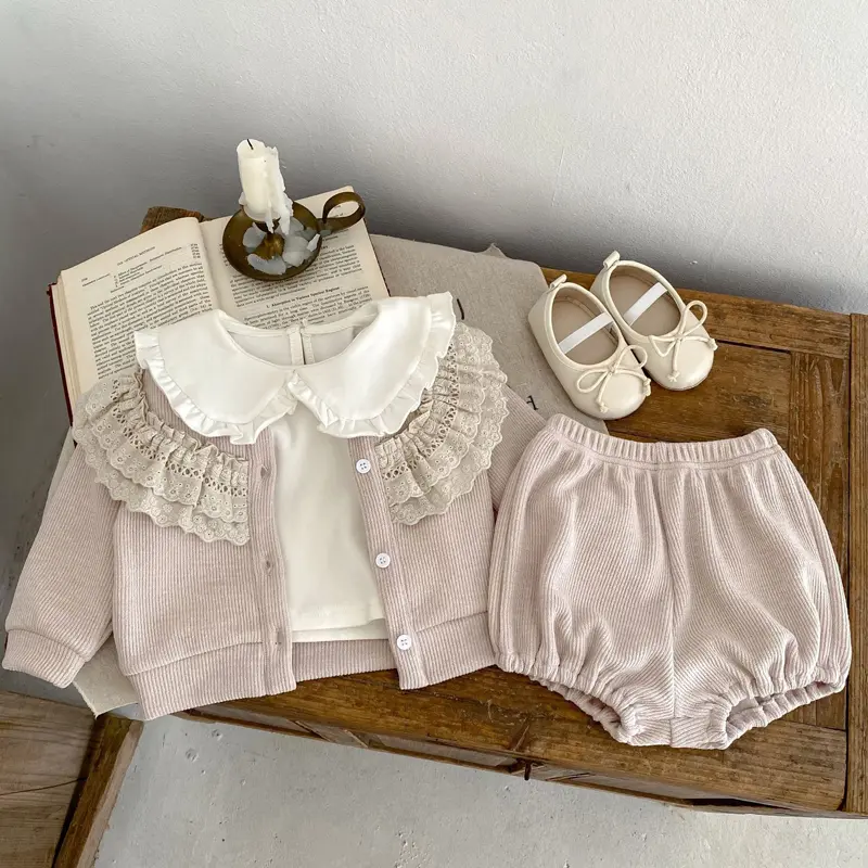 Autumn new baby clothing, 0-3 year old women's Baobao Waffle plaid long sleeved solid color+bottomless pants set of 2 pieces