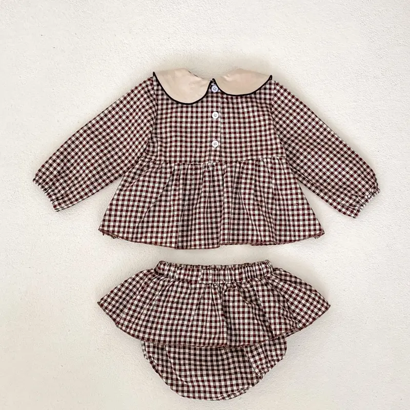 Autumn new baby clothing, 0-5 year old female baby, doll collar embroidered checkered top+skirt skirt wrapped pants 2-piece set
