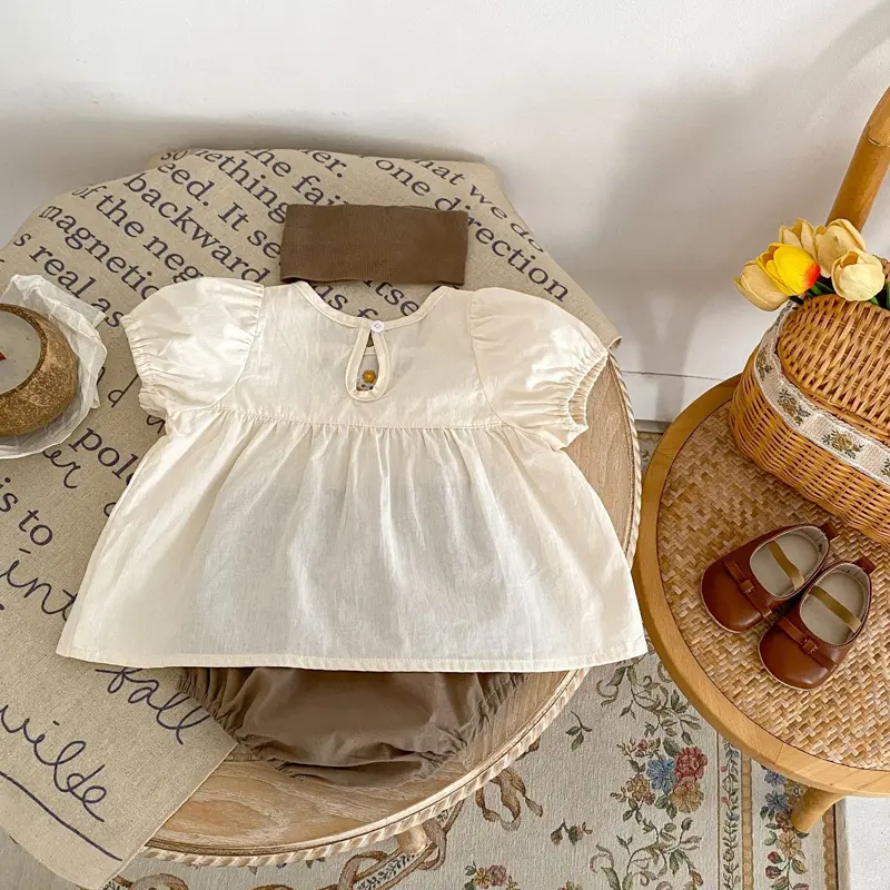 New summer baby clothing, cute strapless embroidered bubble short sleeved top and pants set for 0-3 year old baby girls