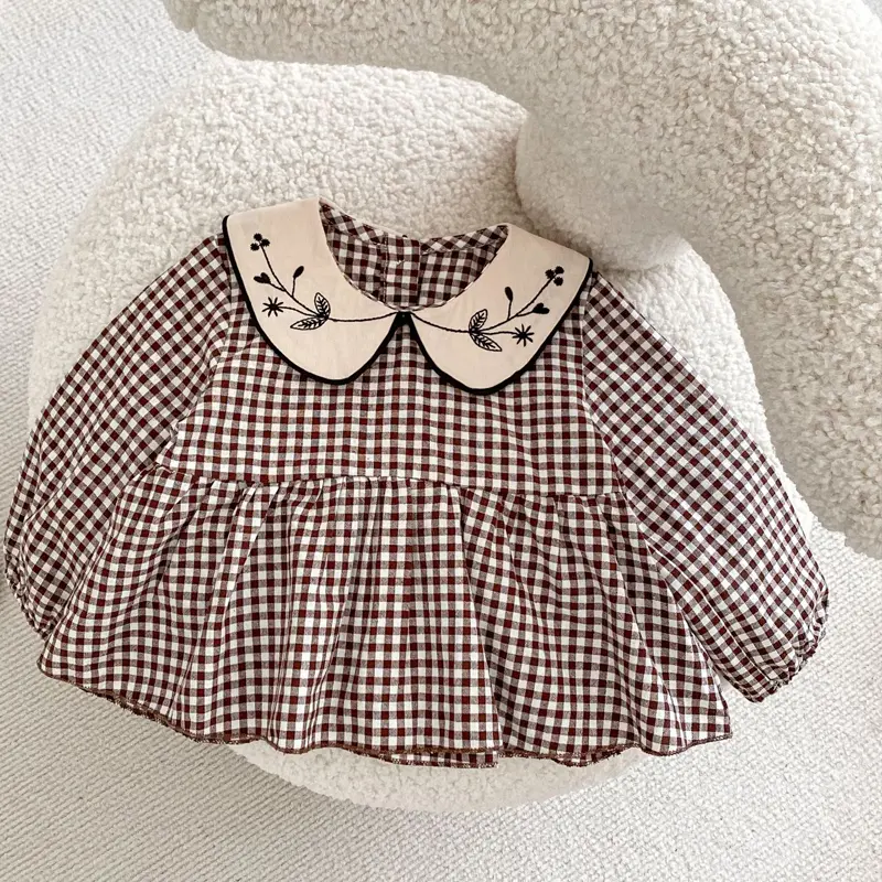 Autumn new baby clothing, 0-5 year old female baby, doll collar embroidered checkered top+skirt skirt wrapped pants 2-piece set