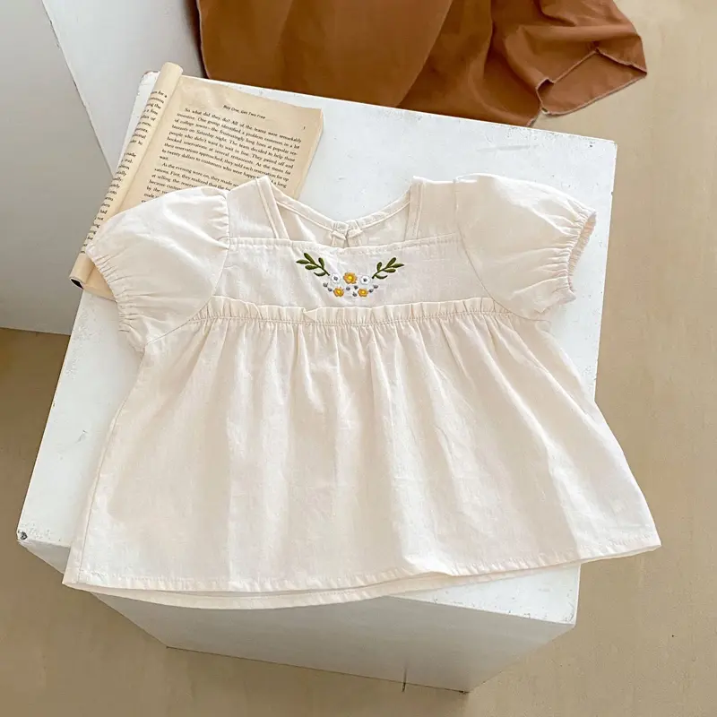 New summer baby clothing, cute strapless embroidered bubble short sleeved top and pants set for 0-3 year old baby girls