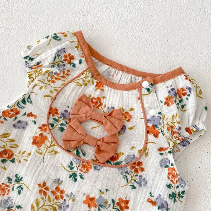 Summer new baby clothing jumpsuit for girls, double wrinkled cotton printed short sleeved jumpsuit, triangle jumpsuit, climbing