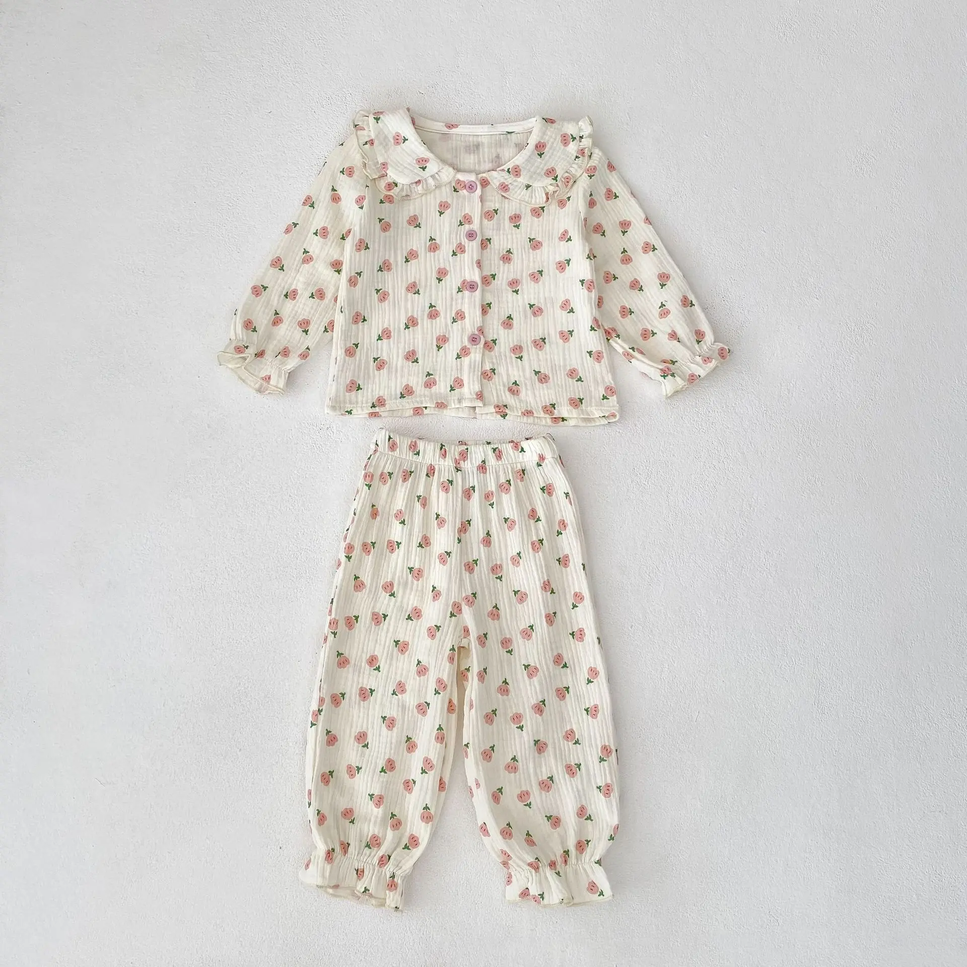 Autumn new 0-3 year old baby clothing, baby girl sleepwear doll collar top+pants cute printed two-piece set